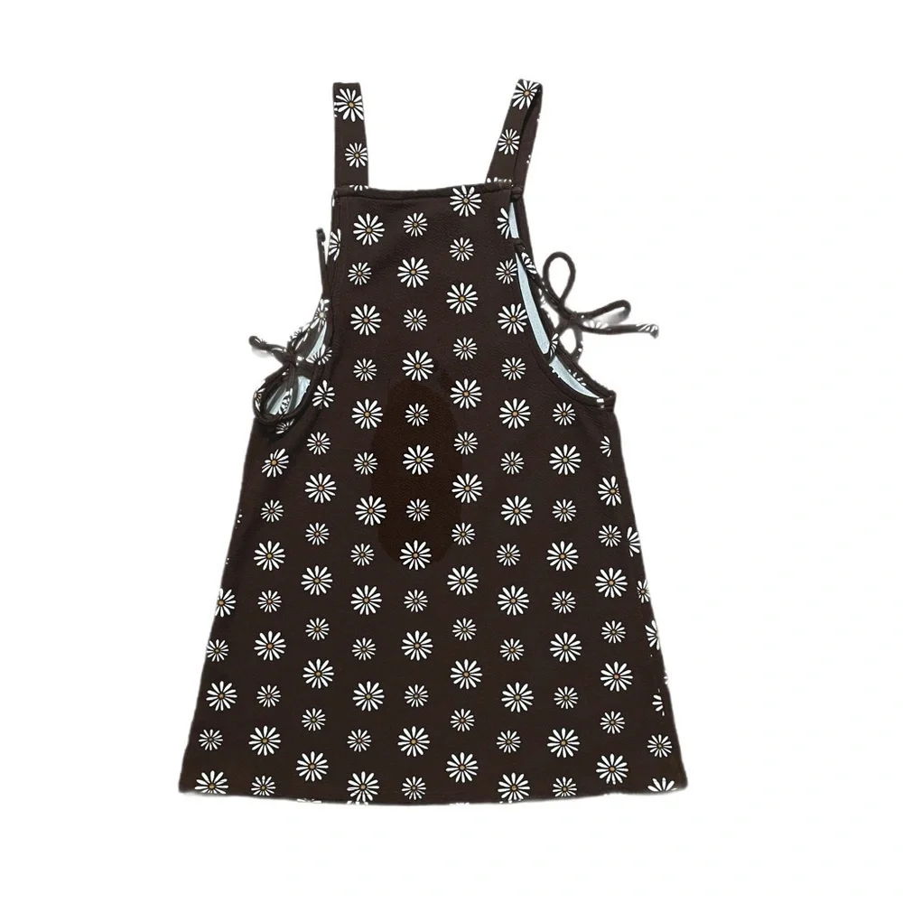 Girls brown white daisy print overall dress side ties